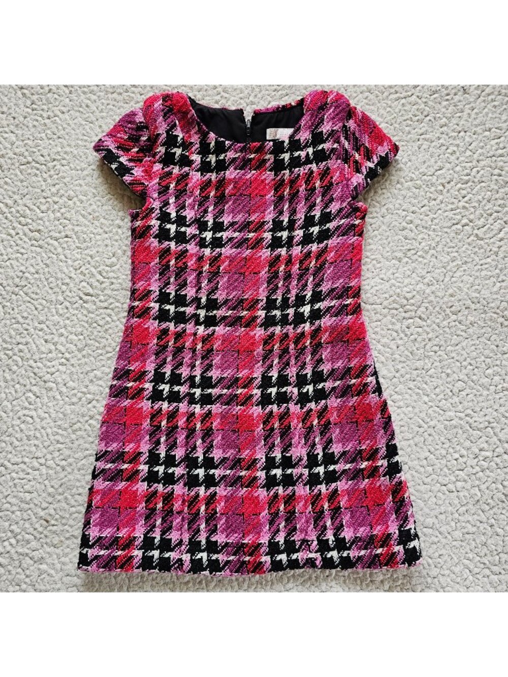 Gianni Bini Girls Pink Black Tweed Plaid Mini Dress Cap Sleeves Fully Lined Sz 5